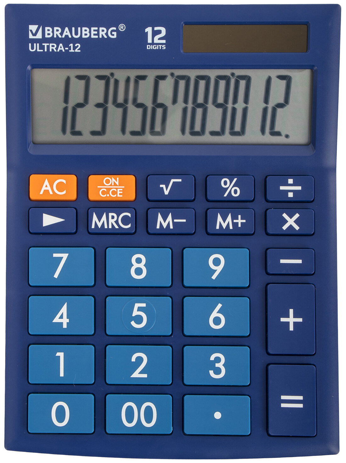 Изображение товара Настольный калькулятор Brauberg ULTRA-12-BU с ярким дисплеем и солнечной батареей, синий