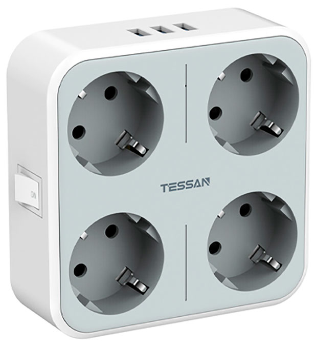 Розетка-адаптер Tessan TS-302-DE Grey сетевой фильтр tessan ts 304 grey 8 евророзеток 220в и 3 usb и кн питания 3600вт до 16а кабель 2м 80001876