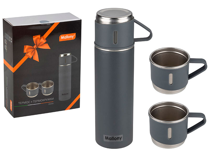 Изображение товара Набор термос + ТЕРМОкружки Mallony FESTA 3 кружки и термос, 0.5 л, серый (106052)