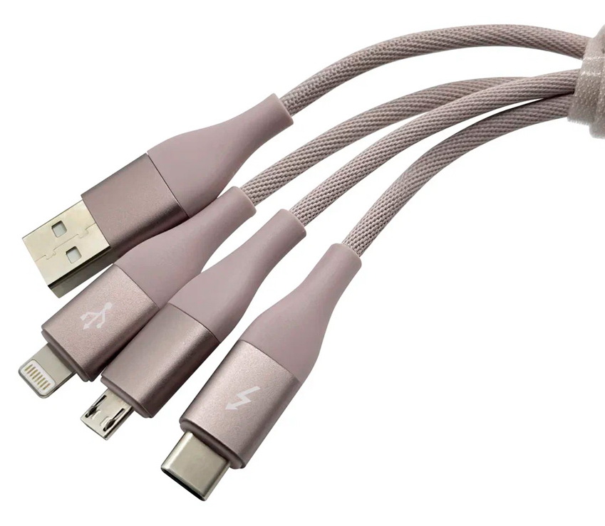 

Кабель 3 in 1 зарядный Solove USB - Lightning/Micro/Type-C SOLOVE, 120 см, 5V, 24А, нейлоновая оплетка, DW2 (RUS) техпак розовый