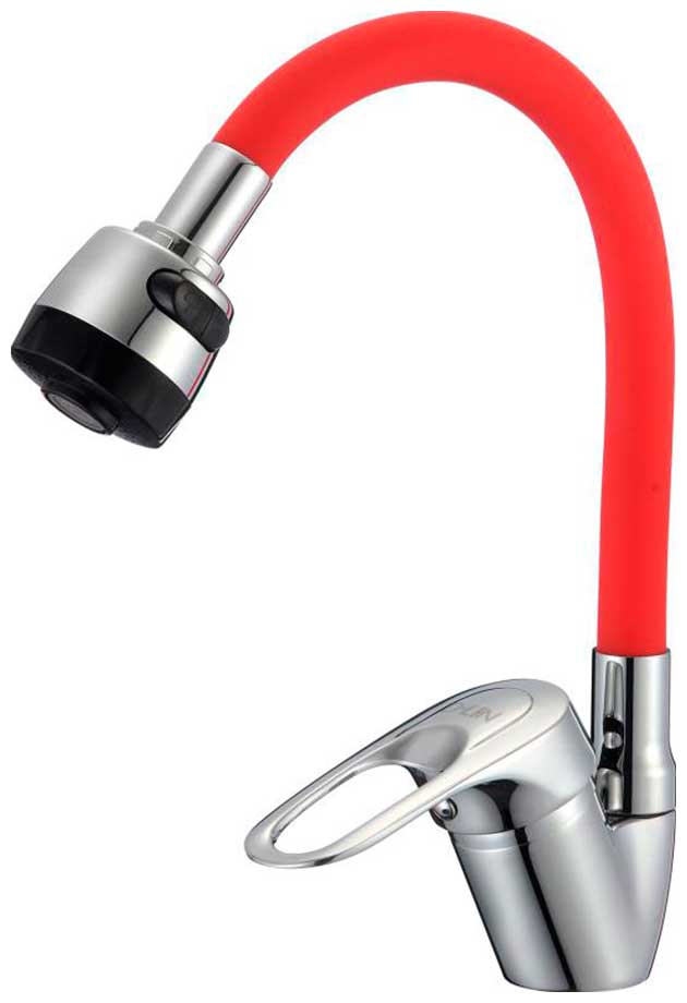 Изображение товара Современный кухонный смеситель с гибким изливом D-Lin D150628-4T хром/красный