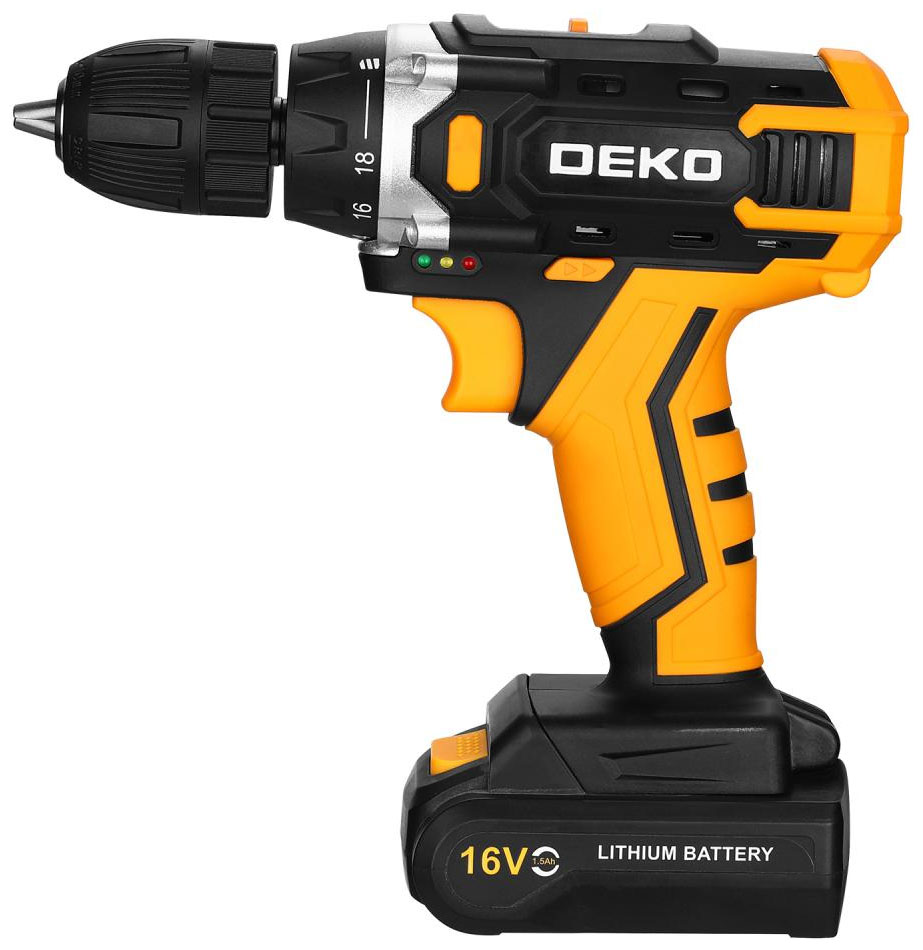 Изображение товара Дрель-шуруповерт Deko Sharker 16V 2х1.5Ач в кейсе + набор 63 инструмента для дома