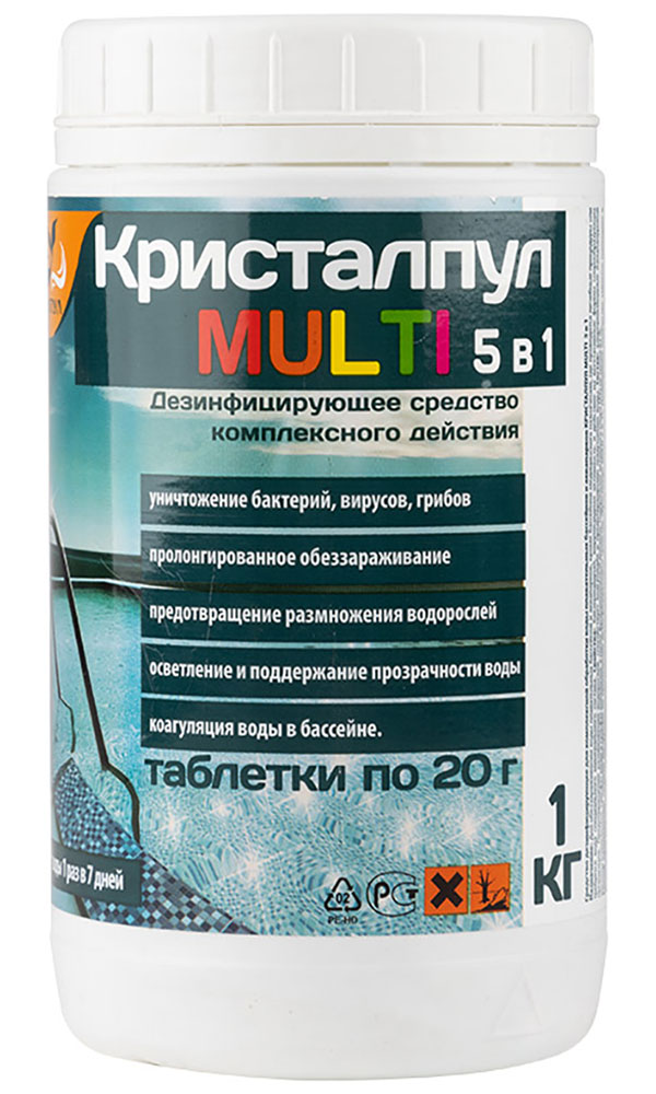 

Дезинфицирующее средство для бассейна Кристалпул MULTI, 5 в 1, 1 кг, таблетки 50 шт, Разноцветный