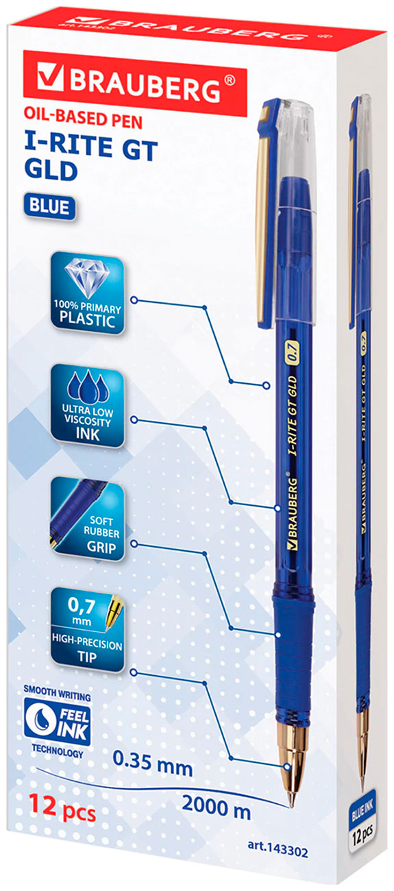 Изображение товара Комплект из 12 шариковых ручек Brauberg i-Rite GT GLD синяя для офиса и учебы
