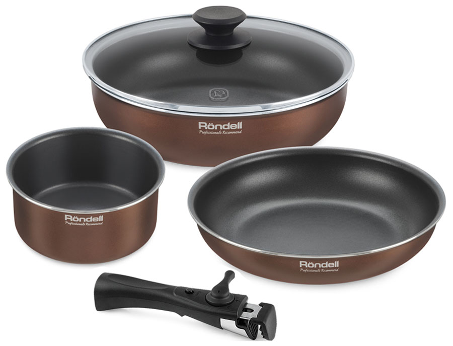 Изображение товара Набор посуды Rondell 5 предметов, сковорода 24х5 см, сотейник 26х73 см, ковш 16х8 см, съемная ручка, Kortado (1690-RD-01)