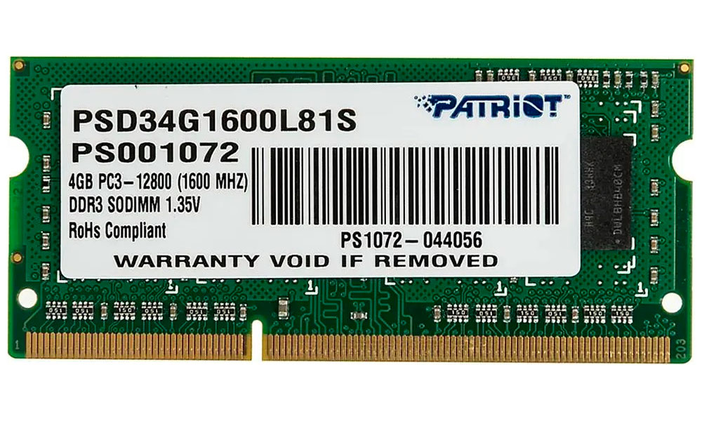 Изображение товара Оперативная память Patriot Memory DDR3L SO-DIMM 4GB 1600MHz (PSD34G1600L81S)