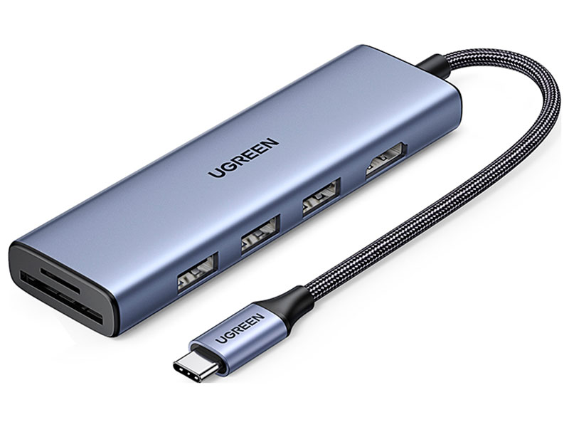 Изображение товара Адаптер Ugreen CM511 (20956A) Revodok 6-in-1, USB-C to HDMI, USB 3.0x3, SD/TF, серый