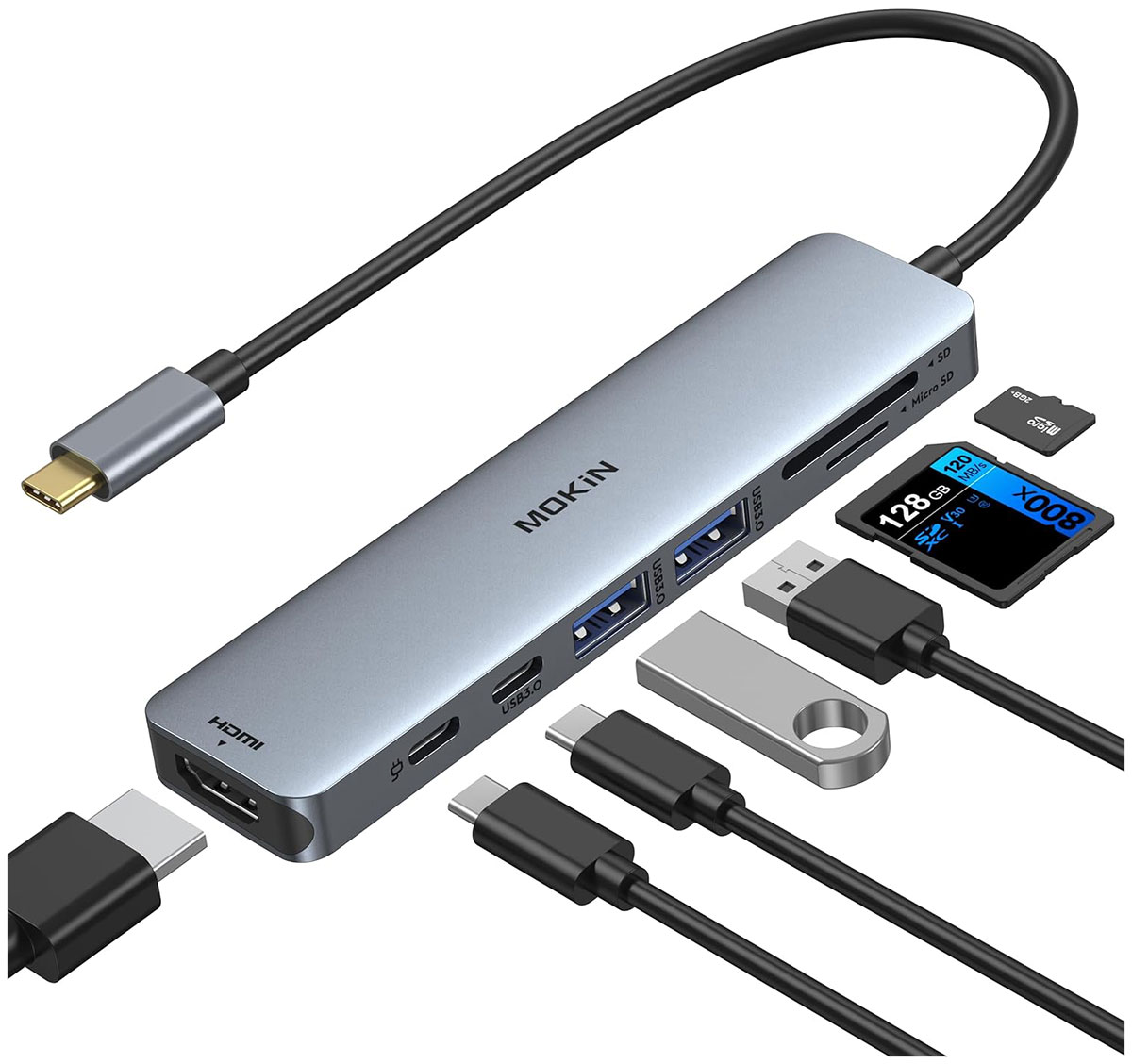Изображение товара Универсальный адаптер 7 in 1 Mokin MOUC0119, USB C to HDMI+USB C3.0+2USB A 3.0+SD/TF+PD