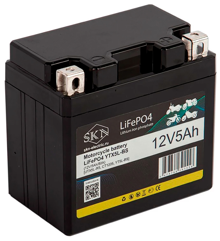 Изображение товара Аккумулятор для мототехники SKN LiFePO4 YTX5L-BS, 12V/5Ah/80A (UTX5L-BS, CT1205, YT5L-BS) Изображение товара Аккумулятор для мототехники SKN LiFePO4 YTX5L-BS, 12V/5Ah/80A (UTX5L-BS, CT1205, YT5L-BS)