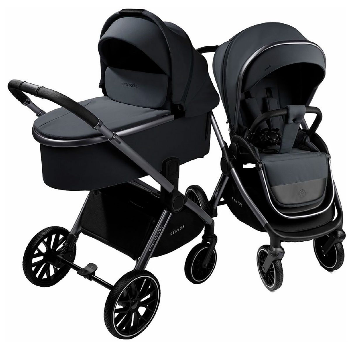 Изображение товара Коляска детская Amarobaby 2 в 1 Genius серый с регулируемой ручкой и аксессуарами