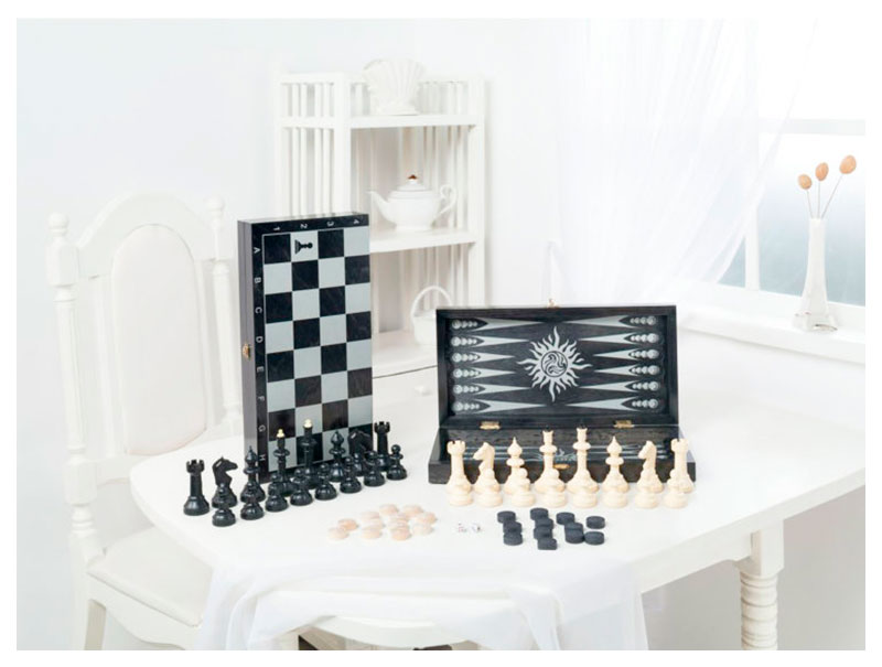 Игра 3 в 1 Объедовская фабрика Игрушки 331-19 малая черная, рисунок серебро фигуры шахматные русские сказки комплект 32штх11см доска
