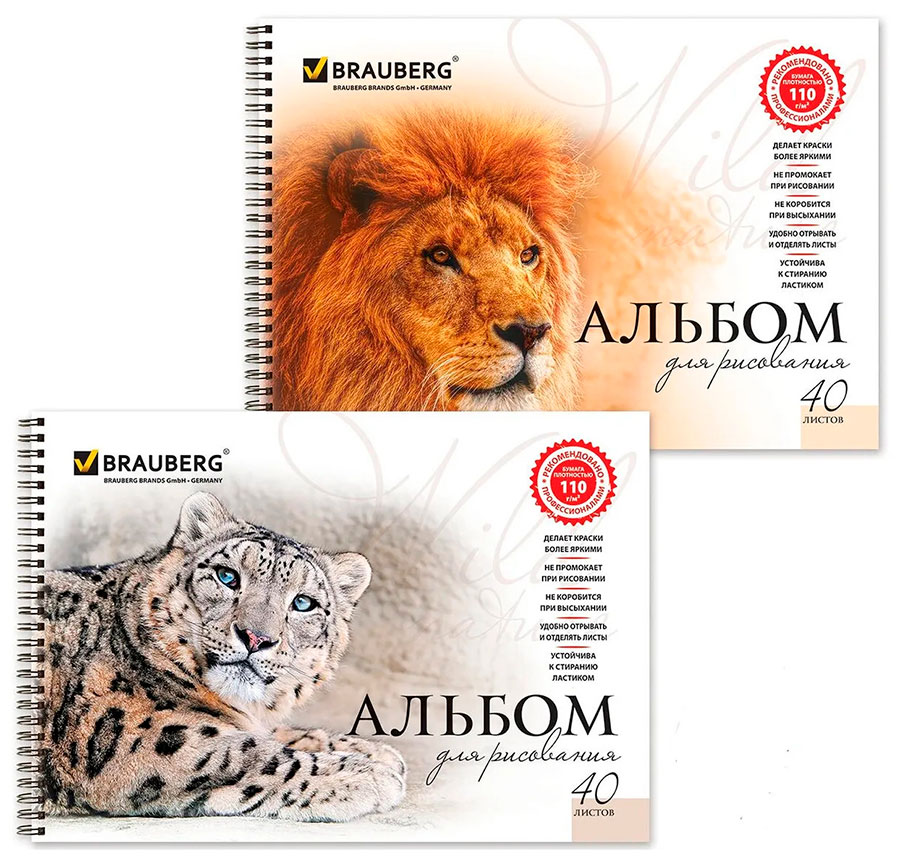 Изображение товара Альбом для рисования Brauberg Хищники 2 вида, КОМПЛЕКТ 2шт, гребень, обл картон, 205х290мм, А4 40л (880028)