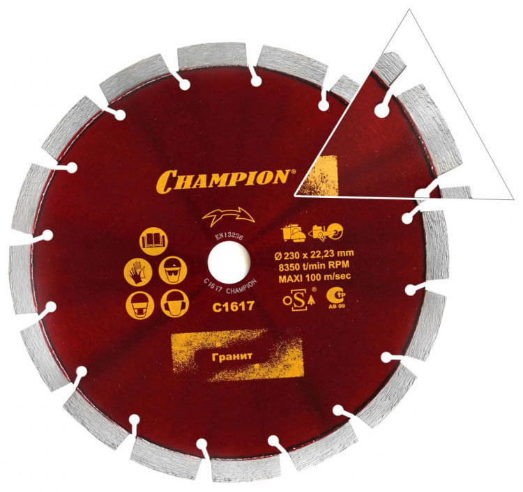 Изображение товара Диск алмазный Champion PRO 230/22,23/12 универсальный для бетона и гранита Изображение товара Диск алмазный Champion PRO 230/22,23/12 универсальный для бетона и гранита