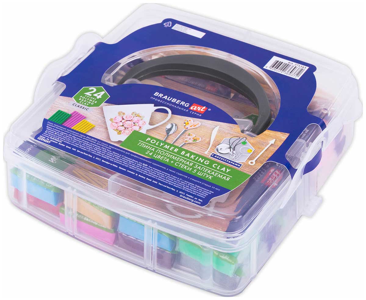 Изображение товара Полимерная запекаемая глина Brauberg 24 цвета по 20 г, с аксессуарами в кейсе, ART, 271163