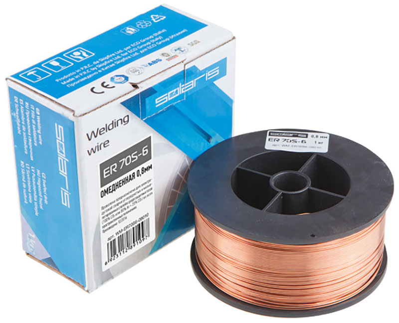 Изображение товара Проволока сварочная Solaris ER 70S-6, омедненная, диаметр 0.8 мм, катушка, 1 кг (WM-ER70S6-08010)