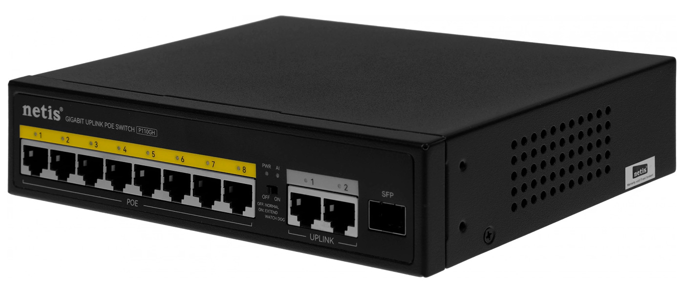 Изображение товара Коммутатор Netis P110GH (L2), 8x100 Мбит/с, 2x1 Гбит/с, 1SFP 8PoE 8PoE+, 120W, неуправляемый