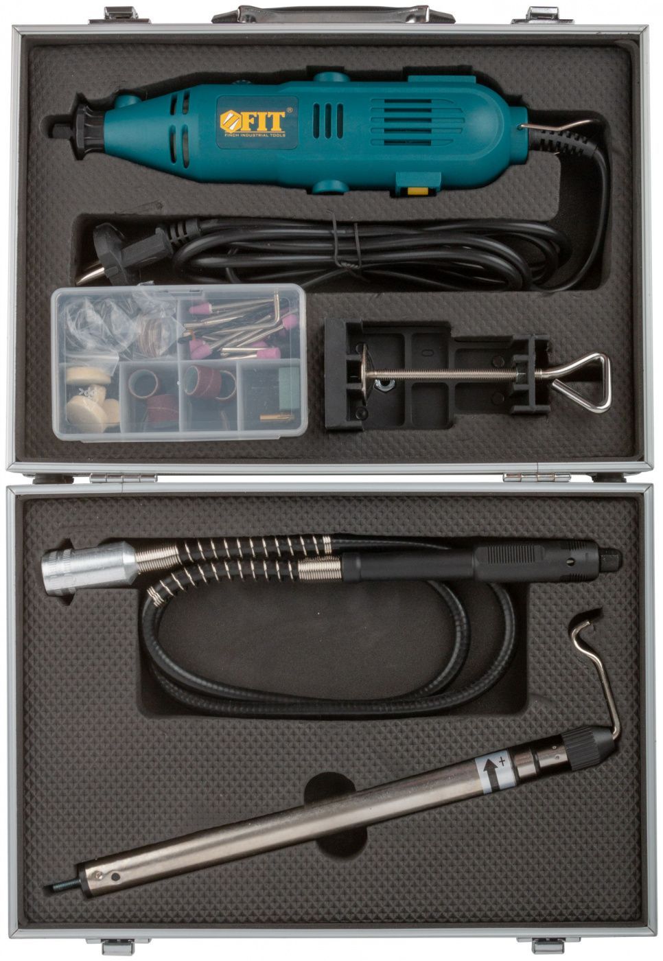 Изображение товара Гравировальная машина Fit 135 Вт, 10000-32000 об/мин 2.4/3.2 мм, БС щеток, набор насадок, алюмин. кейс (80592)