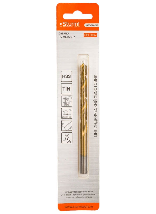 Изображение товара Сверло по металлу Sturm 8х117 мм, сталь HSS, 118°, блистер
