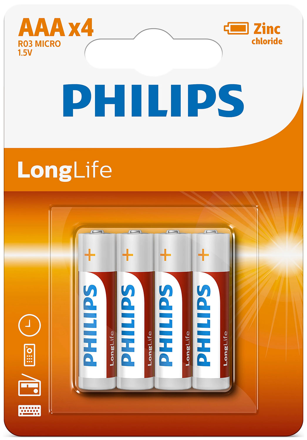 Батарейки цинково-хлоридные Philips Longlife, 4AAA, в блистере (R03L4B/97)
