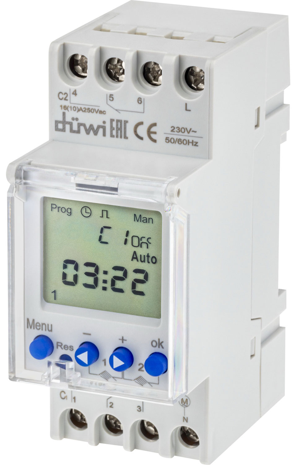 

Таймер Duwi электронный, суточный, двухканальный, на DIN-рейку, интервал включения 1 мин, 60 вкл/выкл в сутки, 2х3680 Вт, IP20, белый