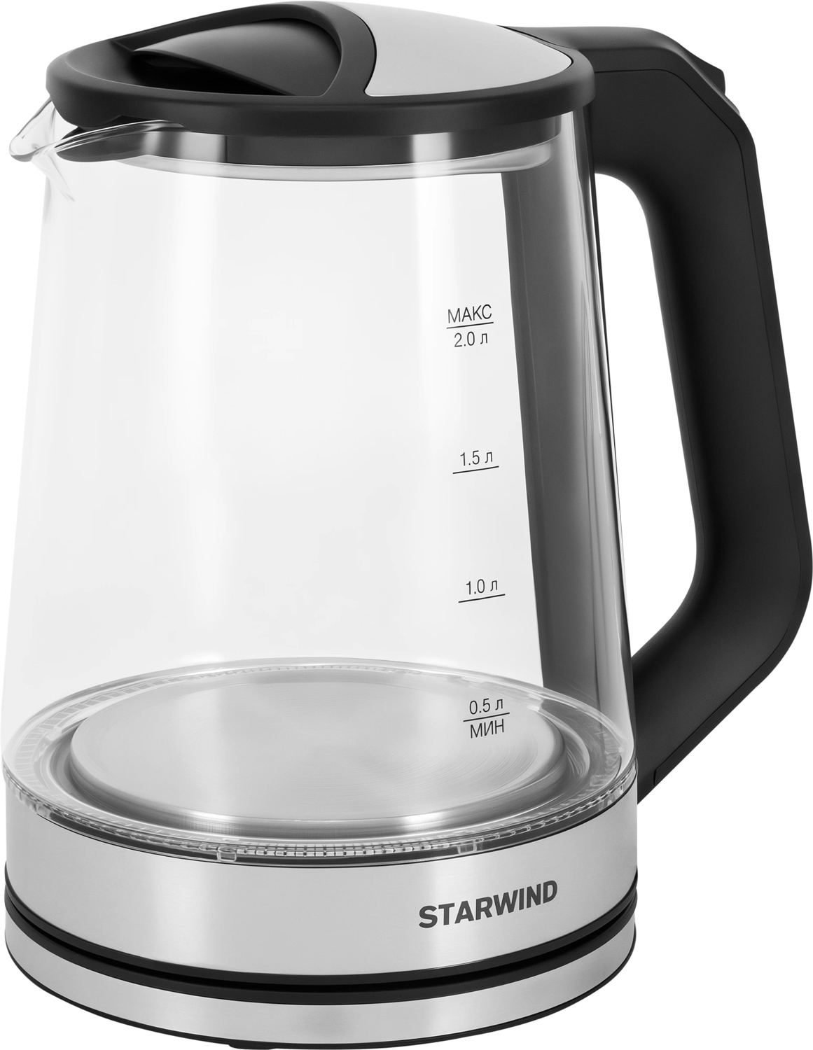 

Чайник электрический Starwind SKG2112, 2 л, 1800 Вт, черный/прозрачный, стекло, Черный/серебристый/прозрачный