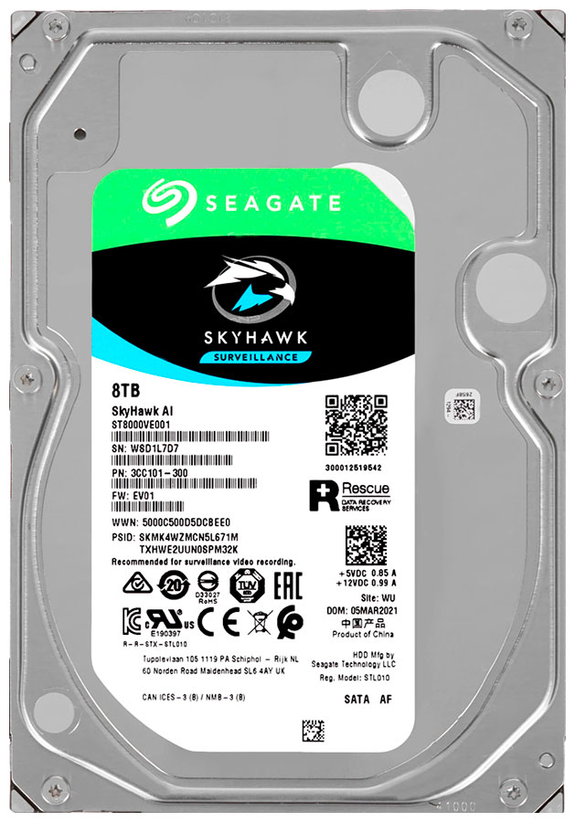 Изображение товара Жесткий диск Seagate SkyHawk AI, 3.5", 8Tb, SATA III, 7200rpm, 256MB (ST8000VE001)