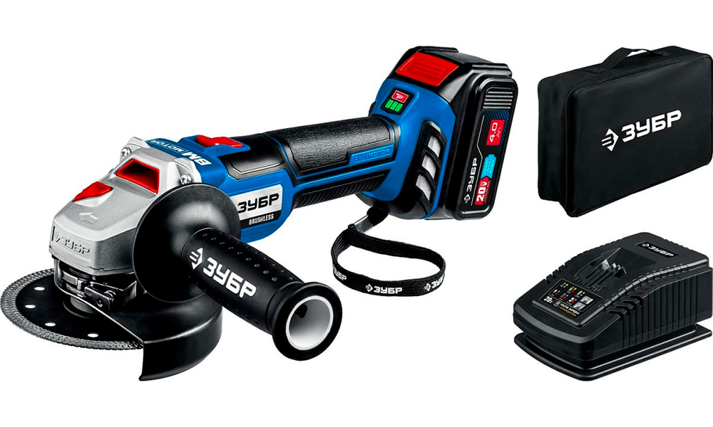 Изображение товара Угловая шлифовальная машина (болгарка) Зубр Т7, 20 В, 125 мм, 1 АКБ, 4 Ач, сумка, Профессионал (AB-125-41)