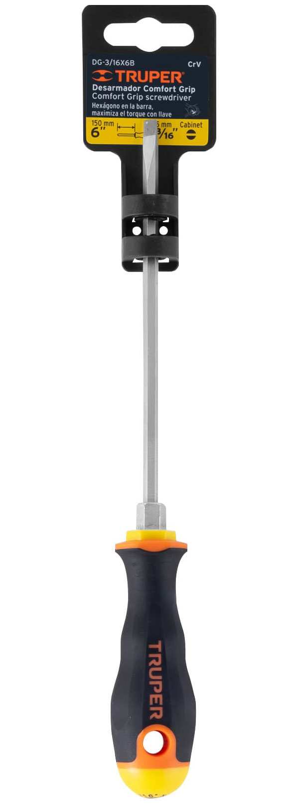 Изображение товара Отвертка Truper шлиц DG-3/16X6B с хромованадиевой сталью и двухкомпонентной рукояткой