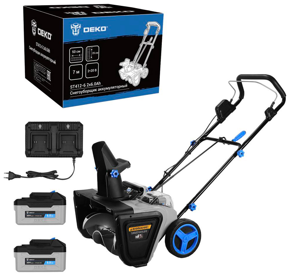 Изображение товара Аккумуляторный снегоуборщик DEKO ST412-6 50 см 2х20В 2х6Ач световые фары