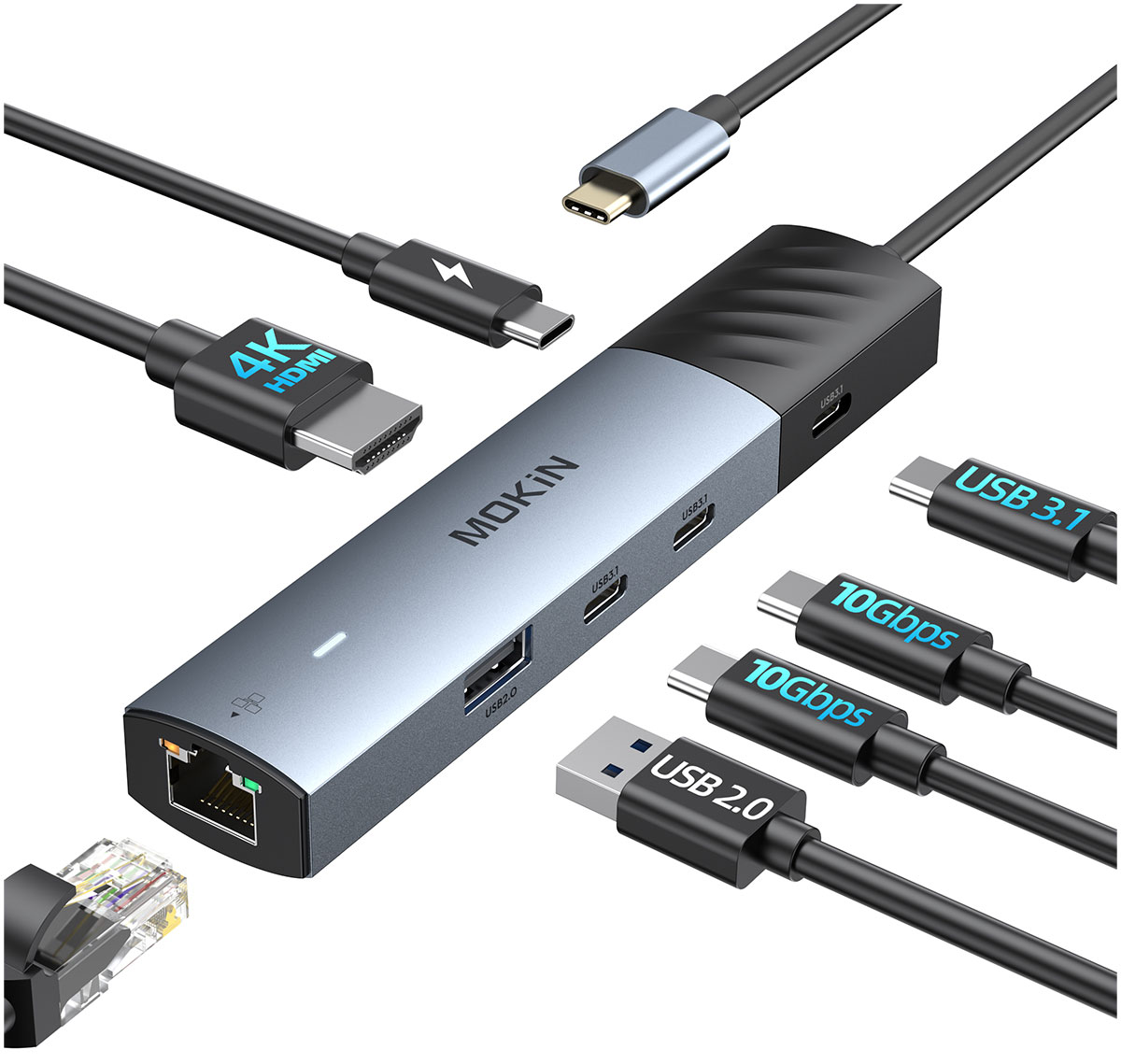 Изображение товара Универсальный USB-C адаптер Mokin 7-в-1 HDMI 4K Ethernet 100W зарядка