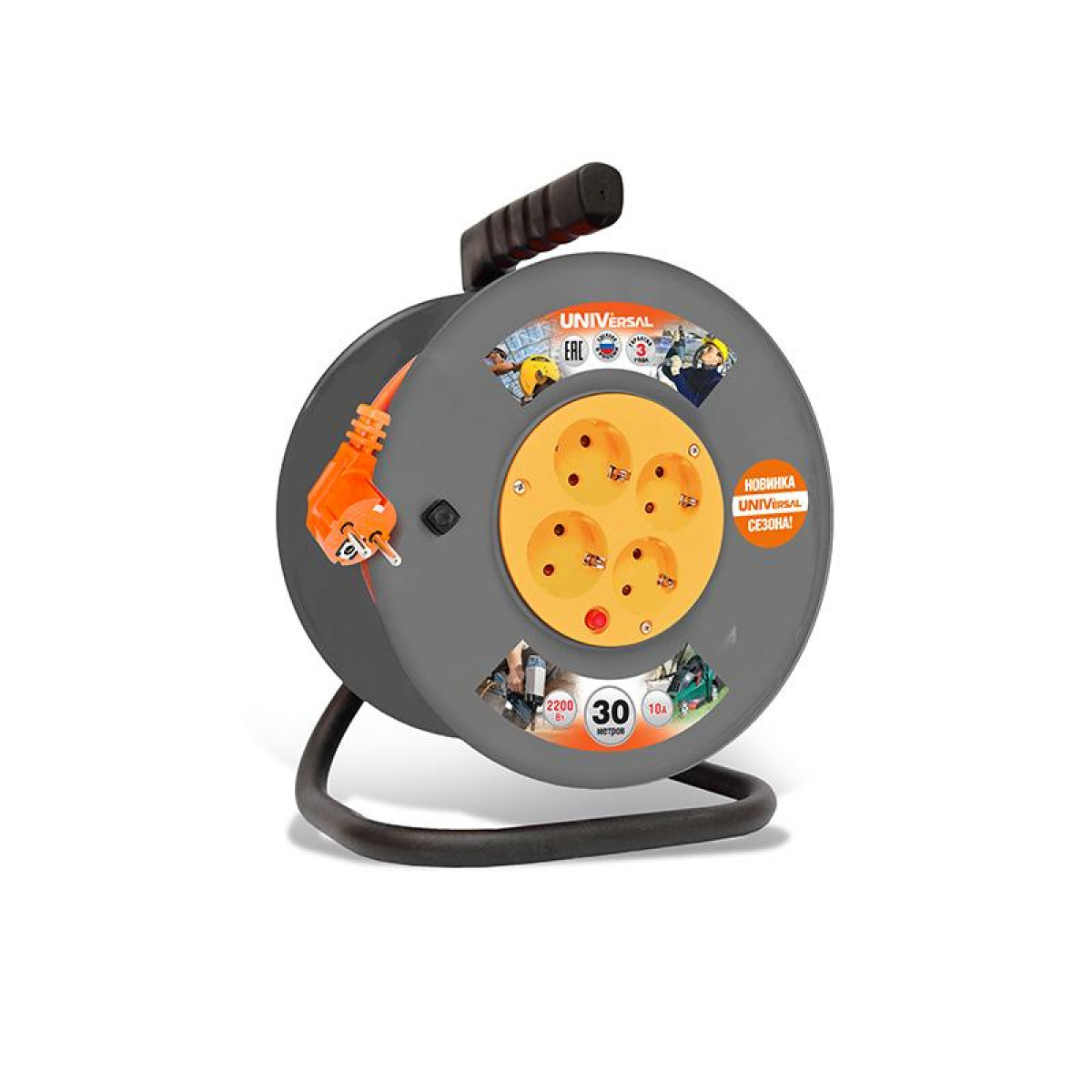 Изображение товара Удлинитель катушечный Универсал 4 розетки 30 м IP44 заземление