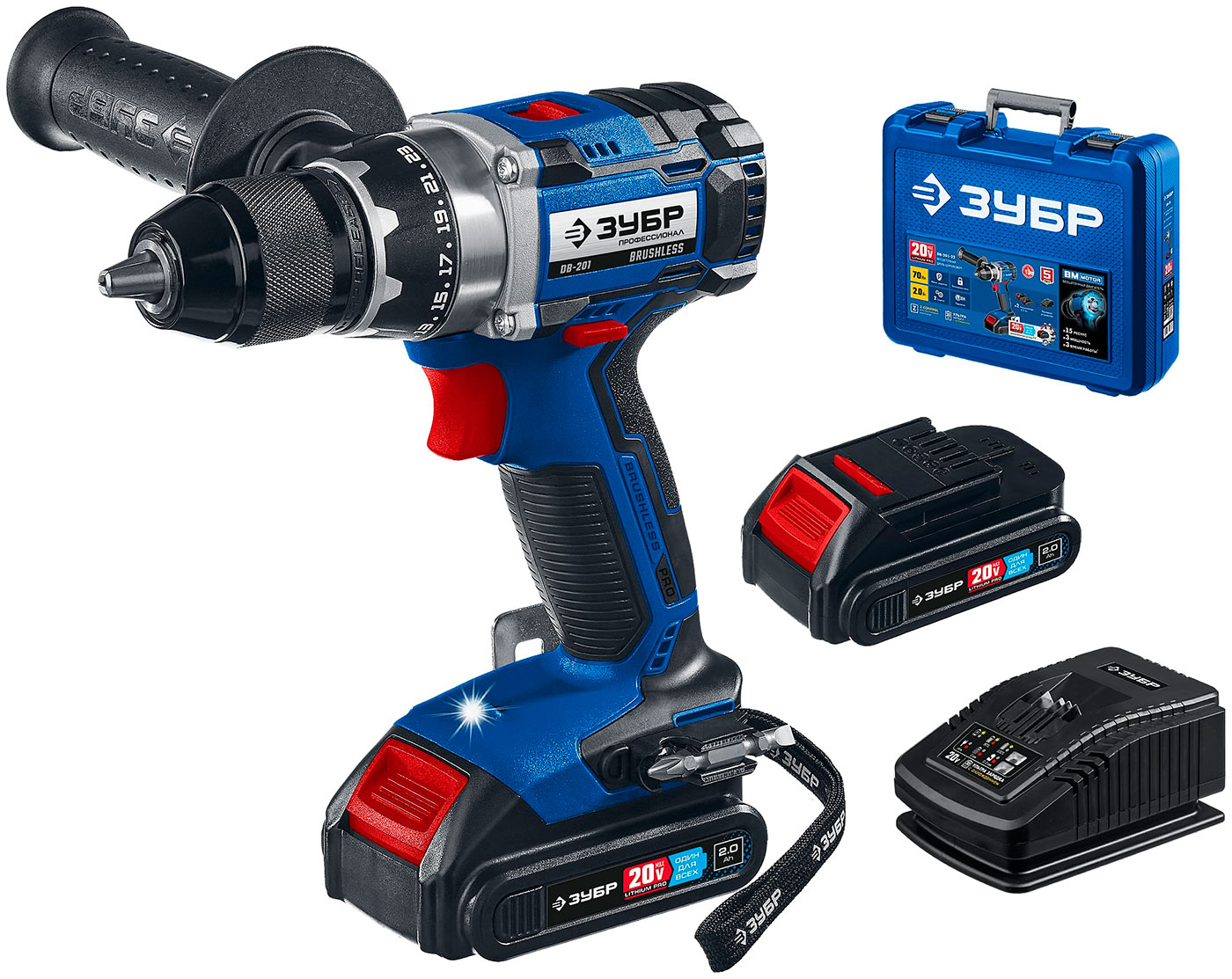 Изображение товара Дрель-шуруповерт Зубр 20 В, в кейсе, серия "ПРОФЕССИОНАЛ" (DB-201-22)