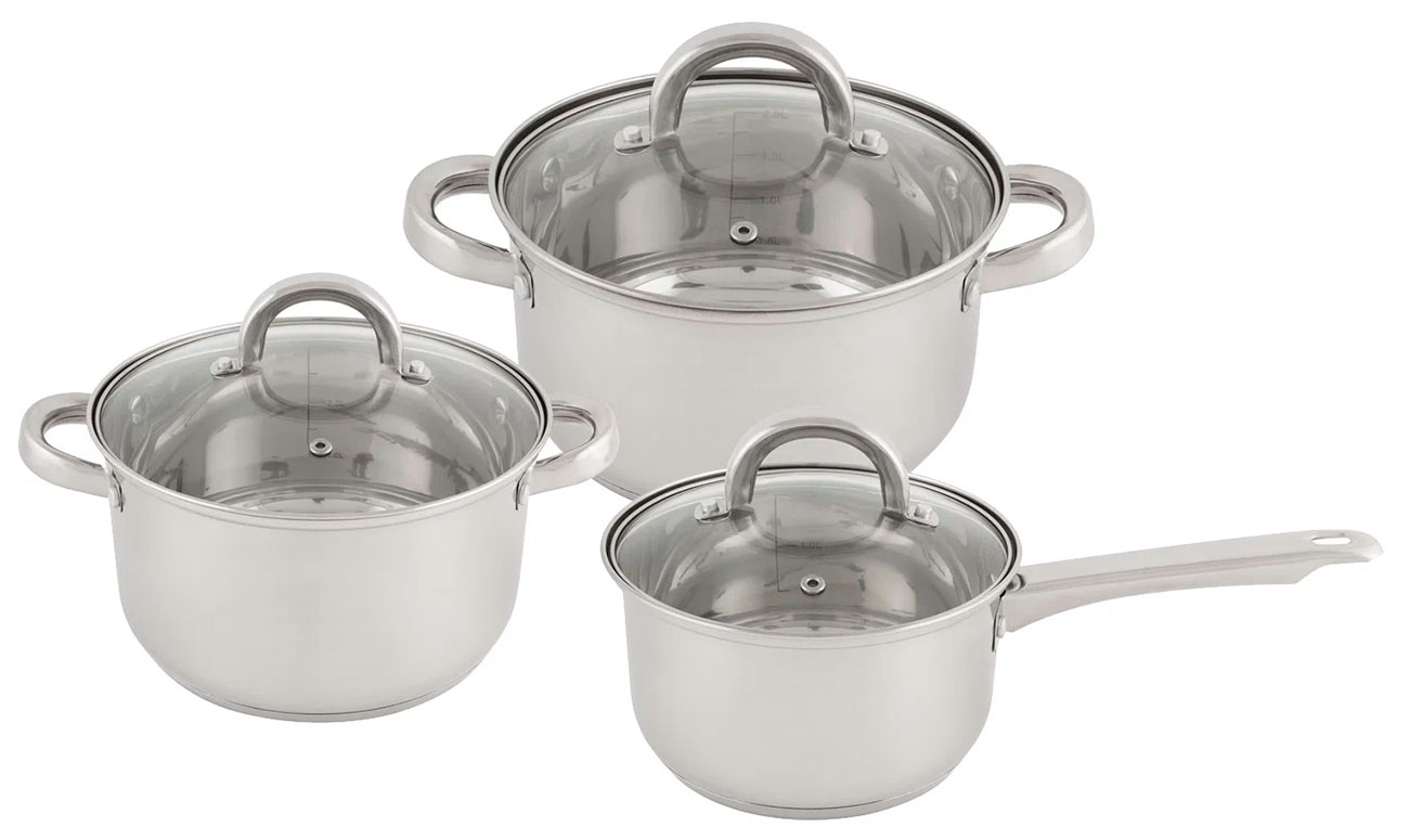 Изображение товара Набор посуды из 6 предметов Mallony MEDIANO-SET-6, 2 кастрюли 2,6 и 3,6 л + ковш 1,9 л, из нержавеющей стали, с крышками (981056)