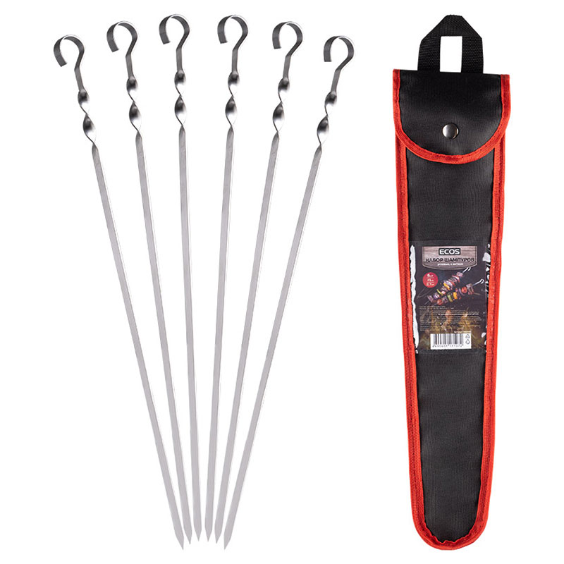 Изображение товара Набор шампуров Ecos 450х10х0.7 мм, угловой, с витком, в чехле (6 штук)