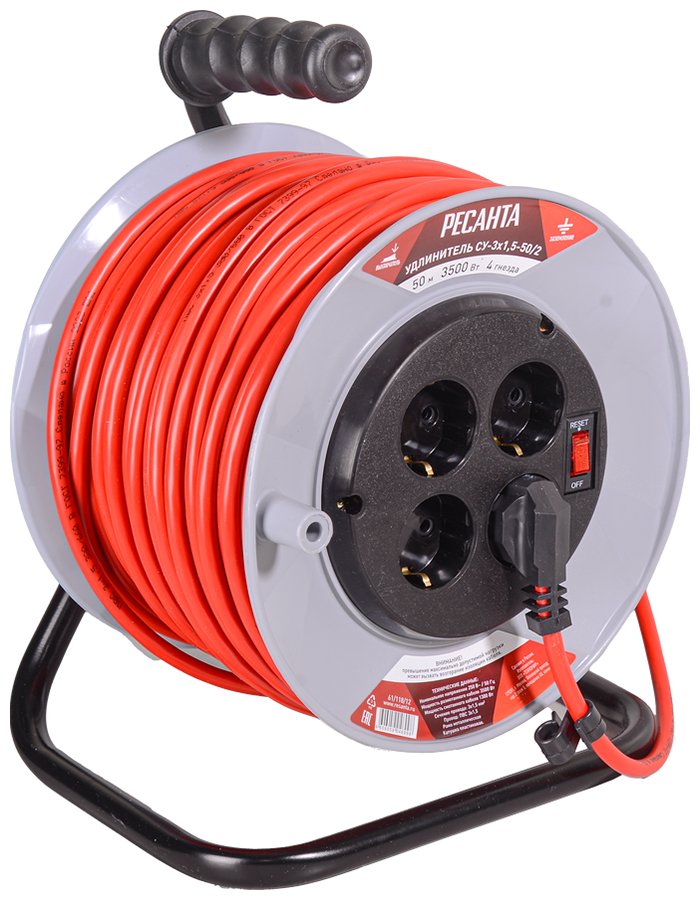Изображение товара Удлинитель силовой на катушке Ресанта СУ-3х15-50/2 с 4 розетками и выключателем
