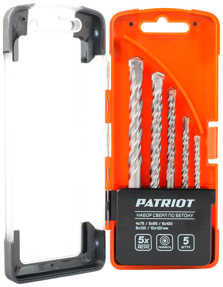 

Набор сверл по бетону Patriot 5 шт:4x75мм, 5x85мм, 6x100мм, 8x120мм, 10x120мм, в боксе