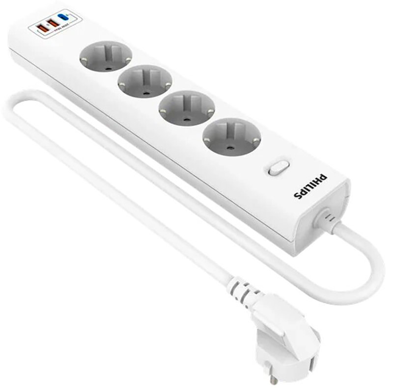 Изображение товара Сетевой фильтр Philips 4 розетки с USB (PD/QC3.0 5/9/12В) 20 Вт, кабель - 2 м, белый