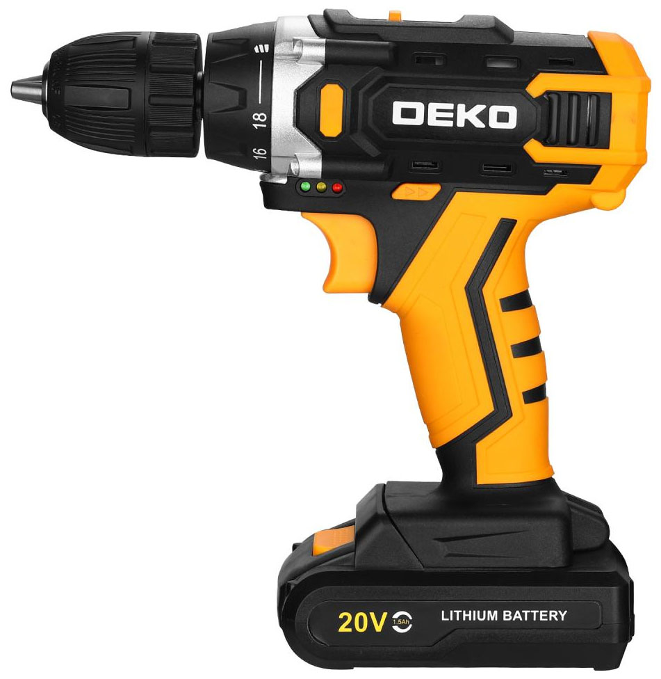 

Дрель-шуруповерт Deko Banger 20V ONE +, 20В, 1x1.5Ач, черно-желтый