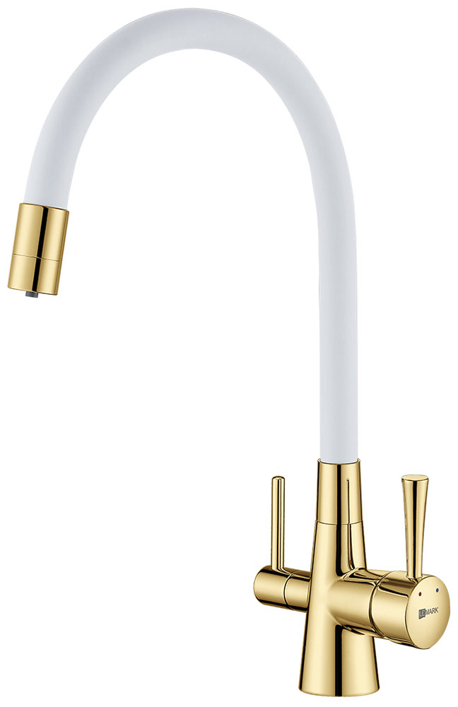 Изображение товара Кухонный смеситель Lemark с гибким изливом, с подключением к фильтру питьевой воды, латунь/золото/белый (LM3075G-White)