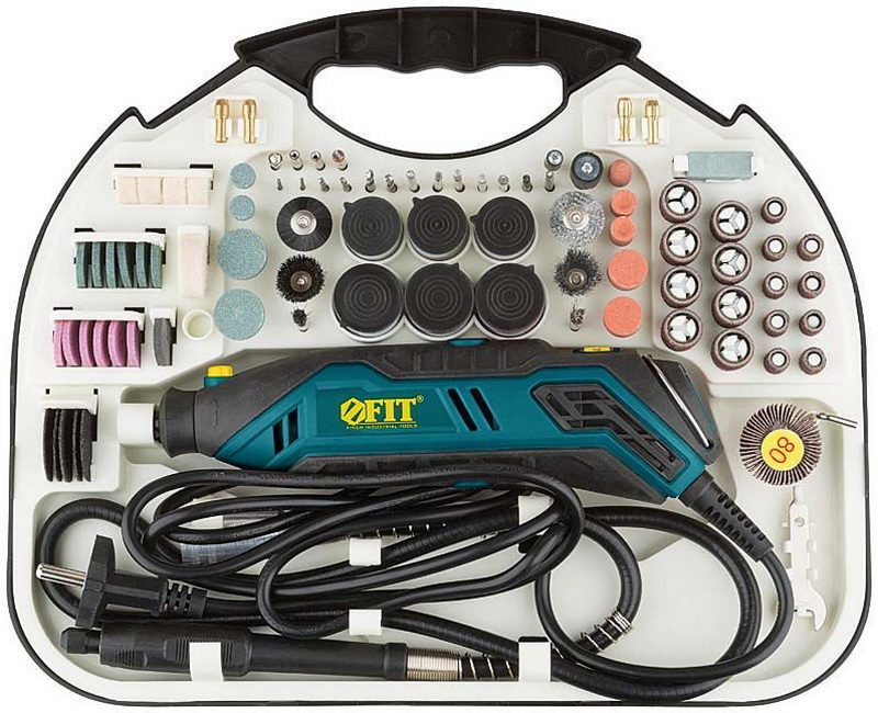 Изображение товара Гравировальная машина Fit 130 Вт, 10000-35000 об/мин, 2.4/3.2 мм, БС щеток, набор насадок 210 шт, кейс (80598)
