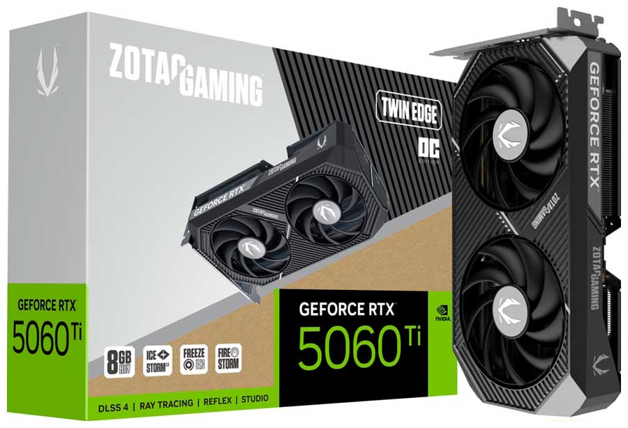 

Видеокарта Zotac GeForce RTX 5060 Ti TWIN EDGE OC 8GB (ZT-B50610H-10M), Черный