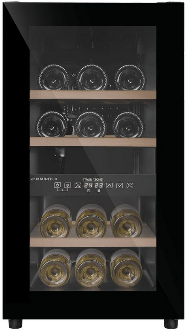 Изображение товара Современный винный шкаф Maunfeld MFWC-50D16 на 16 бутылок двухзонный черный