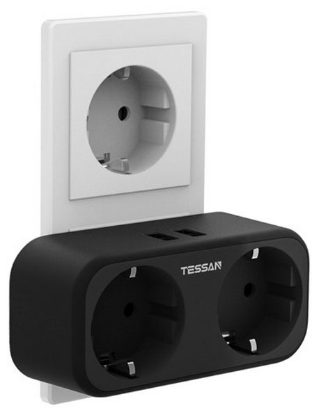 Розетка-адаптер Tessan TS-321-DE Black сетевой фильтр tessan ts 611 de black 1 розетка 220в и 2 usb порта 4000вт до 16а 80001856