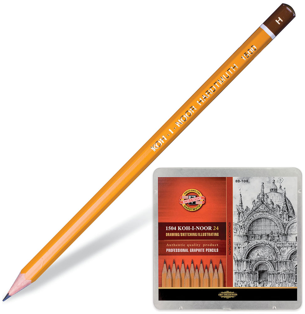 Изображение товара Карандаши чернографитные Koh-I-Noor 1500, набор 24 шт., 8В-10H, без резинки, металлическая коробка (1504024001PL)