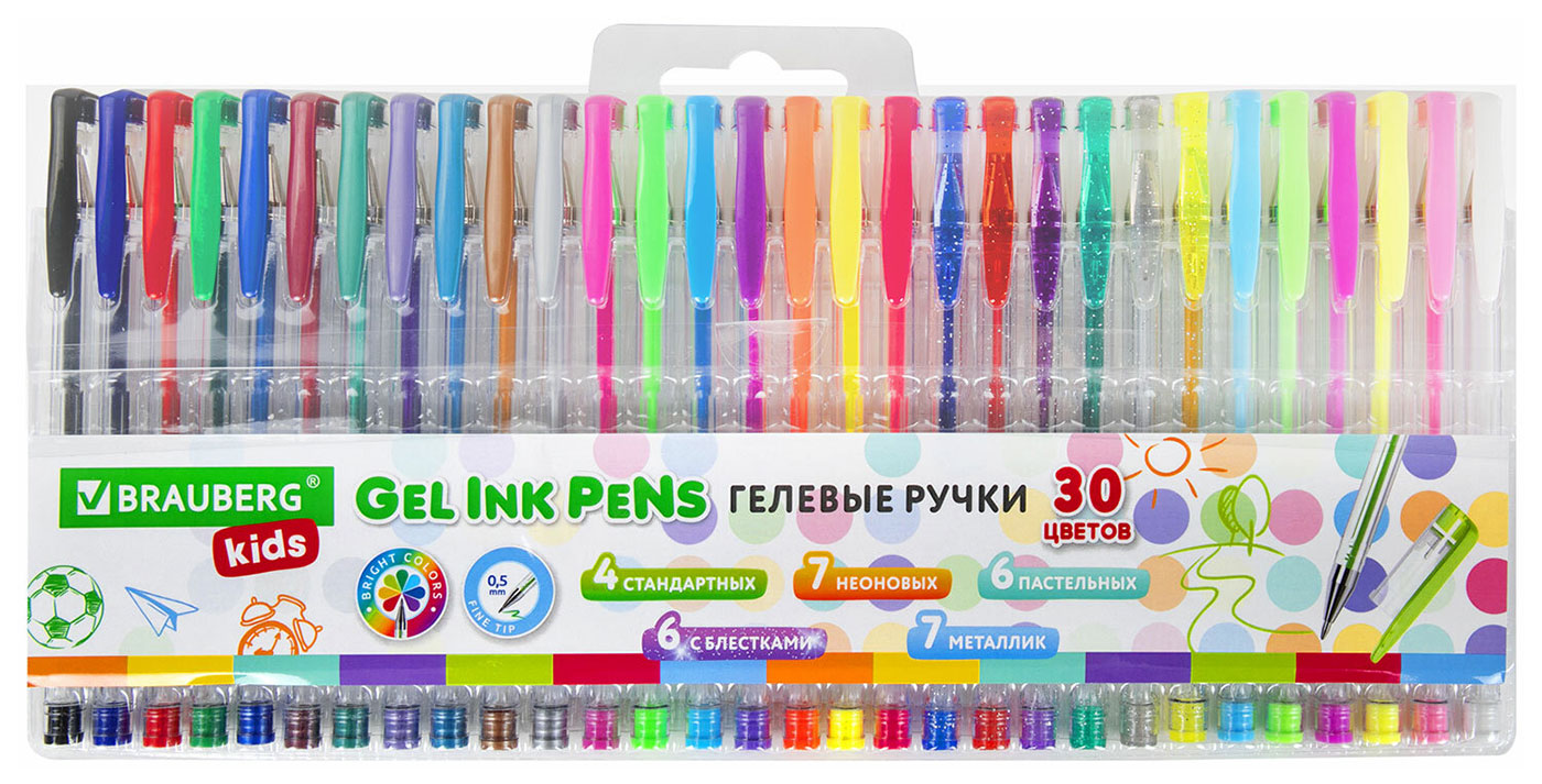 Изображение товара Ручки гелевые Brauberg KIDS, НАБОР 30 ЦВЕТОВ, линия письма 0.5 мм (143819)