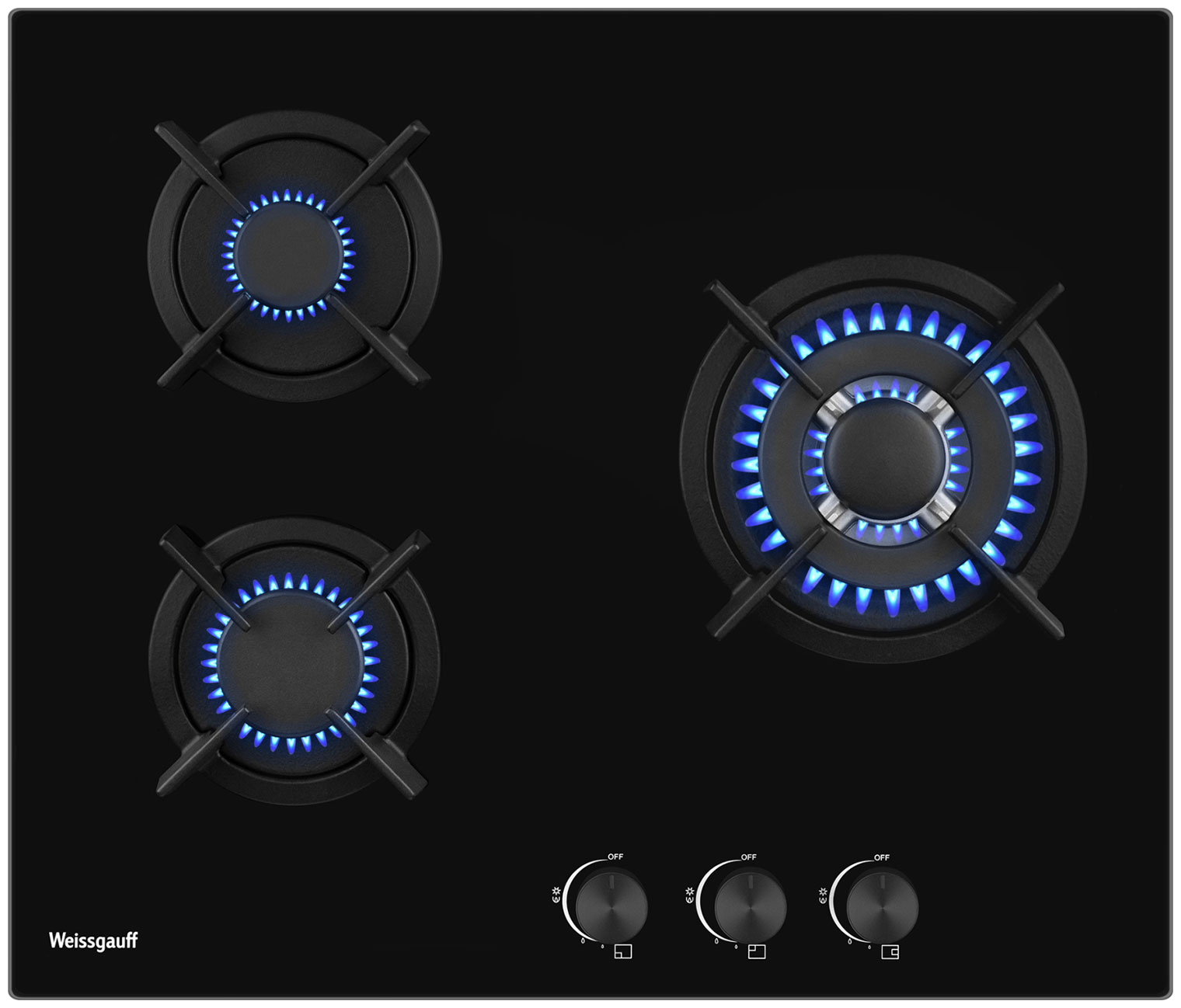 Изображение товара Газовая варочная панель Weissgauff HGG 631 BG с 3 конфорками и стеклянной поверхностью