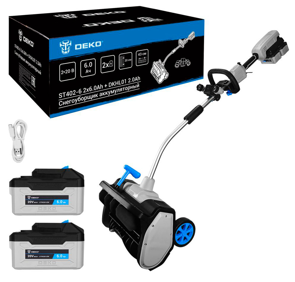 Изображение товара Аккумуляторный снегоуборщик DEKO ST402-6 с фарой 20 В, 43 см