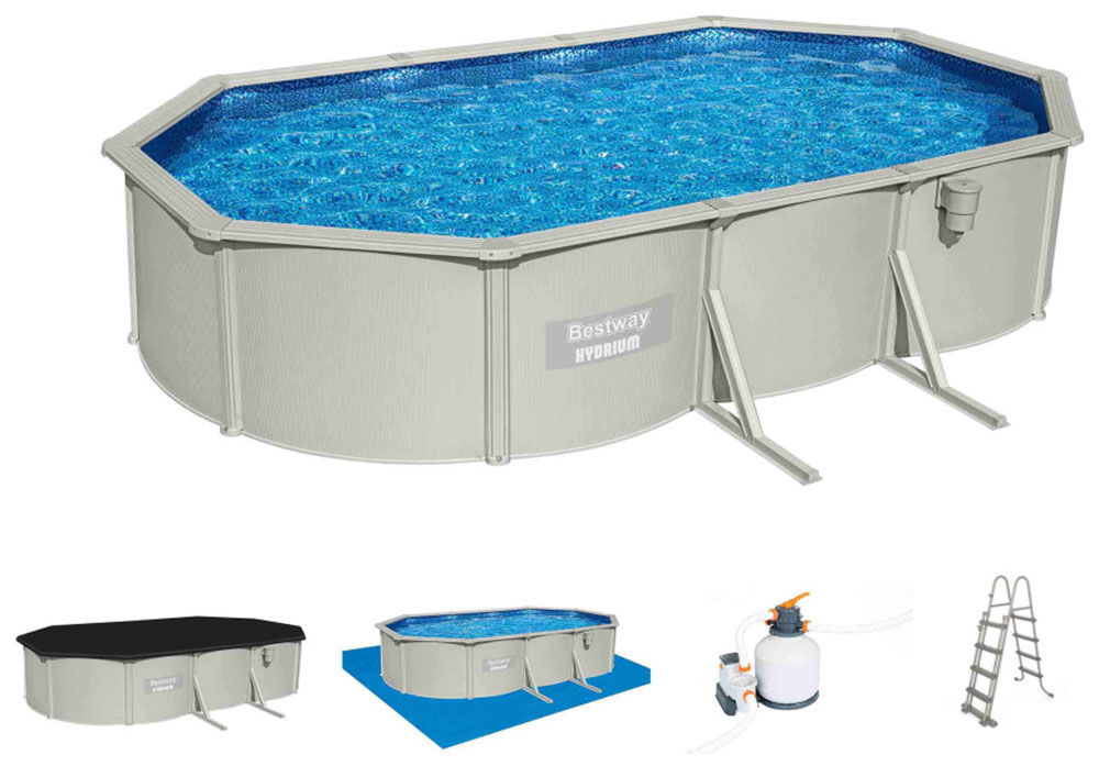 Изображение товара Стальной бассейн BestWay Hydrium, 610х360х120 см, 19929 л, песч. фил.-нас 5678 л/ч, лестн, тент, подст, попл.-доз (56369 BW)