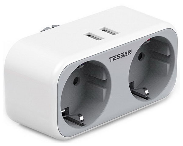 Розетка-адаптер Tessan TS-321-DE Grey сетевой фильтр tessan ts 304 grey 8 евророзеток 220в и 3 usb и кн питания 3600вт до 16а кабель 2м 80001876