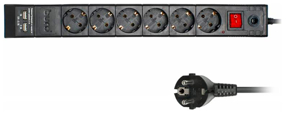 Изображение товара Сетевой фильтр Buro BU-SP1.8_USB_2A-B 1.8 м, 6 розеток, черный